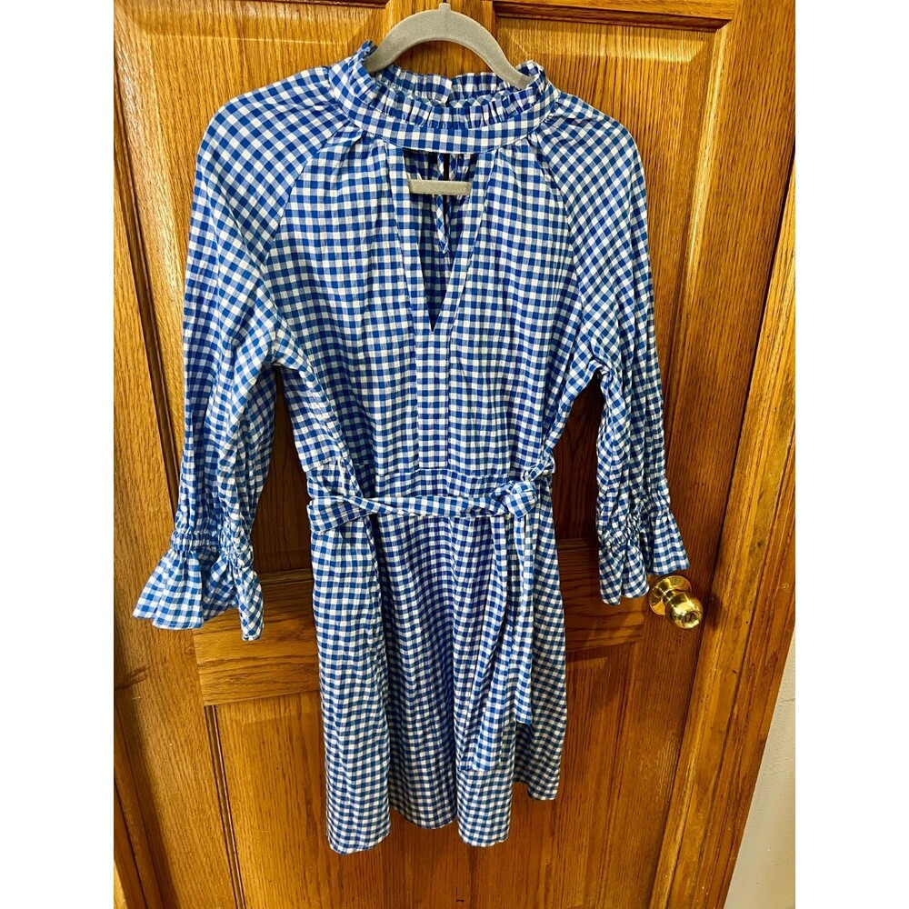 Womens Blue Gingham Ruffle Sleeve Keyhole Dress Size Medium Summer Preppy Chic